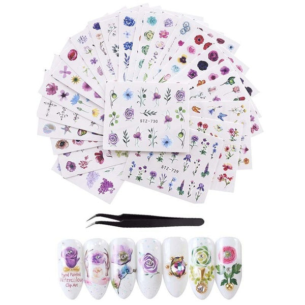 24PCS-Lot Nail Sticker Kit With Tweezers Flowers Butterfly Cartoon Patterns Art Decoration Supplies Water Decals Printing Studio