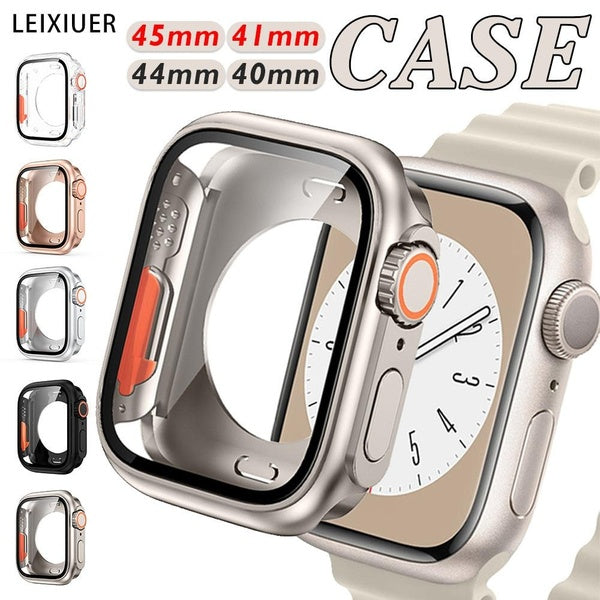 LEIXIUER Film +PC Hard Front & Rear Bumper Case for Apple Watch 9 8 7 45mm 41mm Tempered Glass Screen Protector Cover Accessories for Iwatch Series S Matron Inn