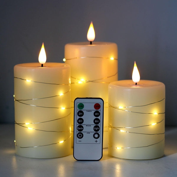 3D Flameless Flickering Candles with Embedded String Light Flameless Candles Battery Operated with Remote and Timer, 3D Wick LED Flickering Wax Pilla