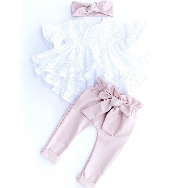 0-24 Months Newborn Infant Baby Girl Clothes Set Lace Top T-Shirt Pants Headband Outfit 3Pcs