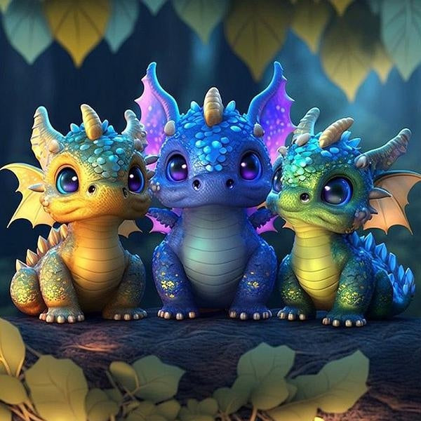 FIYO DIY 5D Three Little Dragon Diamond Painting Full Drill with Number Kits Home and Kitchen Fashion Mosaic Diamond Painting Canvas Wall Decoration