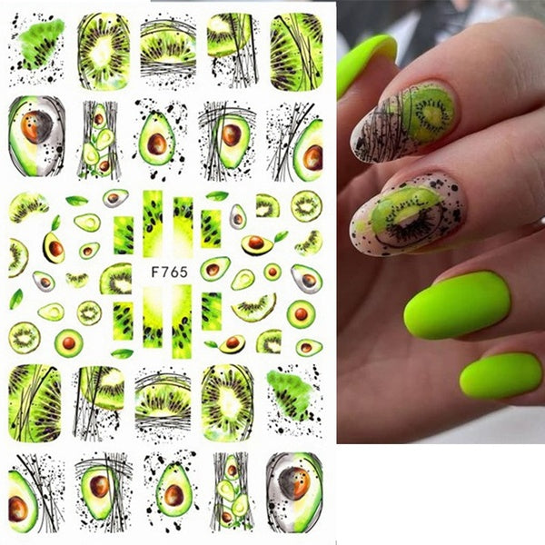 Summer Avocado Nail Stickers Holographic Leaves 3D Nail Art Decorations Fruit Orange Sliders Cherry Nail Water Decals Manicure