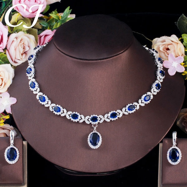 CANDICE Vintage Royal Blue Banquet Jewelry Set Stunning Pave Cubic Zirconia Hoop Earrings Choker Necklace Sets for Women Wedding