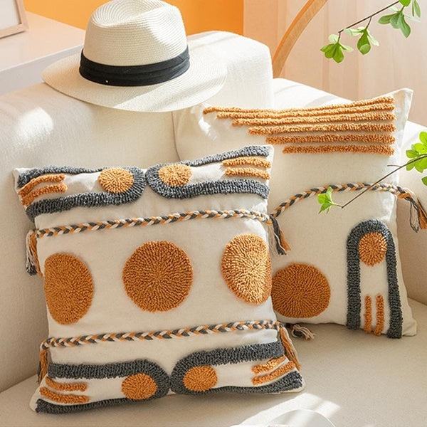 Bohemian Pillow Case Embroidered Tassel Pillow Cushion Cover Geometry Embroidery Pillowcase Living Room Sofa Home Decor 45x45cm