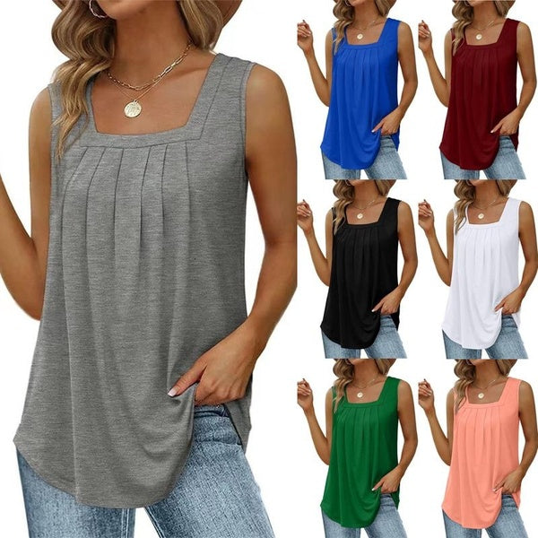 Fashion Casual Sleeveless Square Neck Tank Tops Women's Summer Loose Blouses Breathble Shirts Solid T-shirts Plus Size Vest