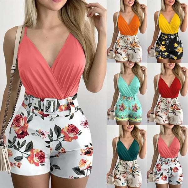 Women's Fashion V Neck Sling Vest Shorts Set Summer Casual Tank Tops Shorts Set Ladies Print Shorts Pleated Tank Tops Sets