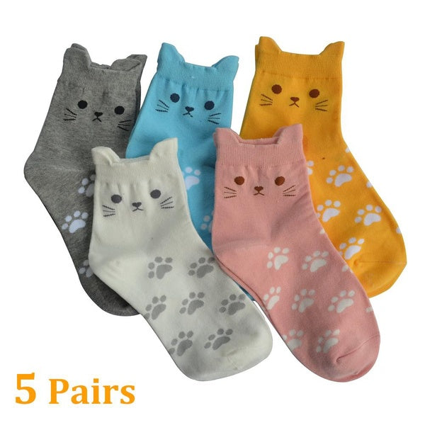 5 Pairs Women's Socks Cute Cat Paws Print Socks Winter Warm Cotton Sock Gifts for Her