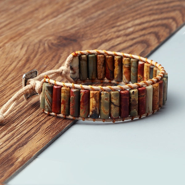 Corde tressée à la main avec perle cylindrique Boulder Bohème Bracelet jonc réglable à la main pour femme Charme Bijoux Accessoire