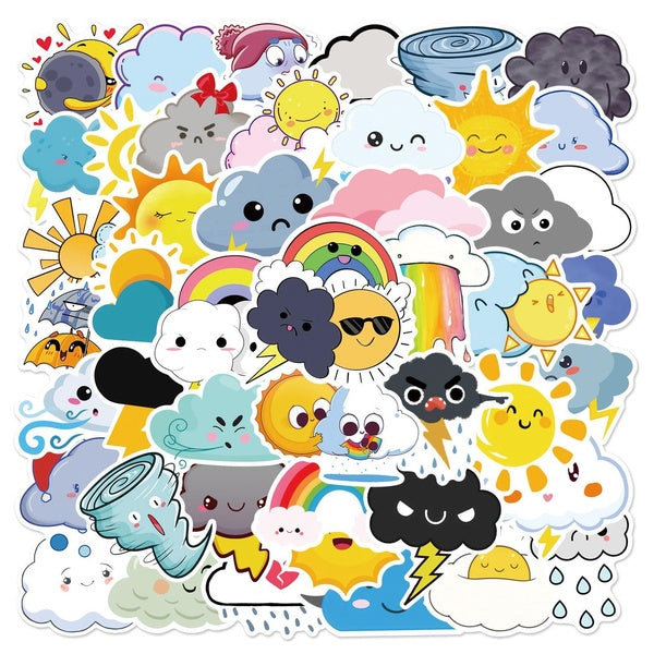 10-50Pcs Cute Cartoon Weather Stickers Lovely Clouds Star Sun Graffiti Stickers for DIY Luggage Laptop Skateboard Motorcycle Bicycle Stickers