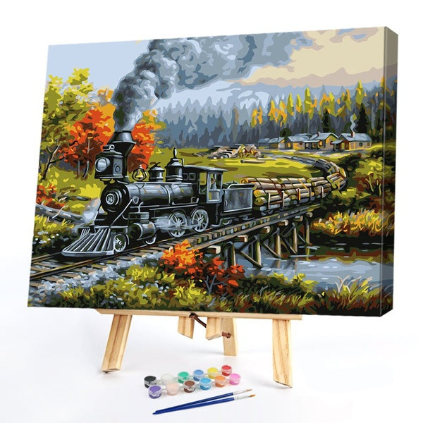 FIYO Grove Train Diy Paint by Numbers Kits for Adults and Kids Beginner on Canvas Fashion Oil Painting Wall Art for Gift( No Frame )
