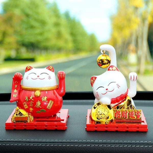 Chinese Solar Power Lucky Waving Cat Maneki Neko Gold Wealth Fortune Feng Shui Home Ornament