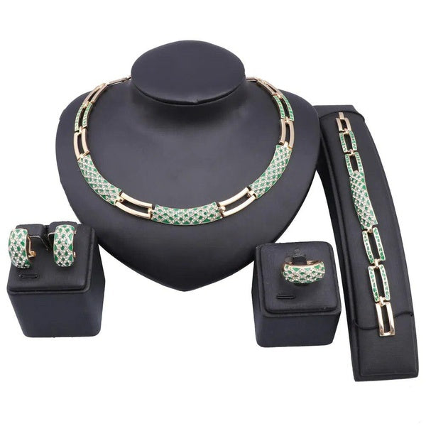 Women Crystal Enameled Necklace Earrings Bracelet Ring Bridal Wedding Party Accessories Jewelry Set Matron Inn