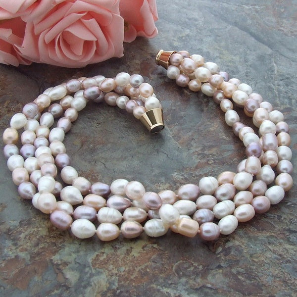 Hand knotted charming 4 strands 9-10mm multicolor rice fresh water pearl necklace 43-50cm fashion jewelry