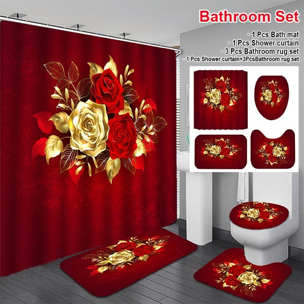 3D Shiny Red Gold Rose Shower Curtain Bathroom Decor Waterproof Shower Curtain+Non-slip Mats Bath Carpets+Toilet Seat Cover Floor Mat Bathroom Set 4