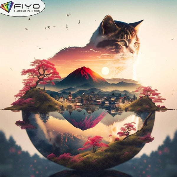 FIYO DIY 5D Cat and Landscape Diamond Painting Full Drill with Number Kits Home and Kitchen Fashion Mosaic Diamond Painting Canvas Wall Decoration Gi