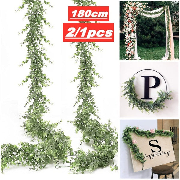 2-1pcs 180cm Faux Eucalyptus Garland Plant Artificial Vines Hanging Eucalyptus Leaves Greenery Garland for Wedding Backdrop Arch Wall Decor UV Protec