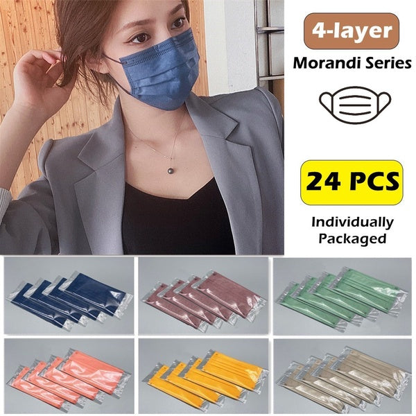 4-layer Disposable Face Masks For Women & Men Premium Morandi Color Masks For Adults - Individually Packaged (24 PCS)