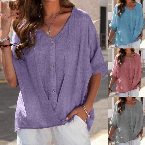 Women's Fashion Casual V Neck Cotton Linen Loose Shirts Summer Short Sleeve Solid Blouses T-shirts for Ladies Plus Size