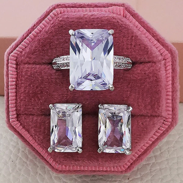 2022 New Retro Luxury Silver Designer Engagement Marriage Diamond Ring and Stud Earrings Jewelry Set for Women Tarnish Free Fine Jewellery Big Rectan