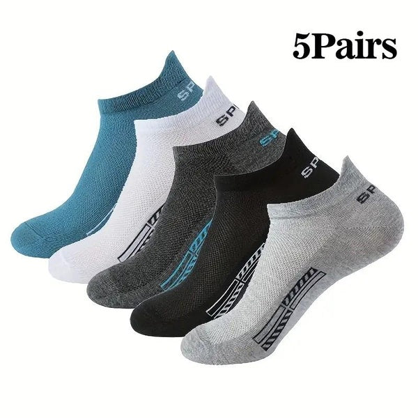 5pairs Anti-odor Mesh Sweat-absorbing Breathable Sports Ankle Socks, Men's Trendy Socks For Summer