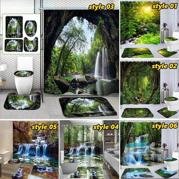 4-3-1Pcs 3D Waterfall Swans Scenery Waterproof Shower Curtain Pedestal Rugs Toilet Seat Cover Bathroom Suit Anti-slip Bath Mats Bathroom Decor (6 Sty