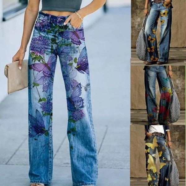 Pantalons pour femmes de grande taille, pantalons à jambes larges, pantalons à motifs floraux artistiques