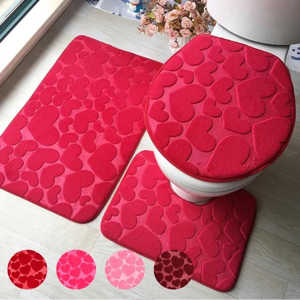 3pcs-set Lovely Bathroom Floor Mat Set, Valentine's Day Home Decor Rugs, Soft And Comfortable Non-slip And Absorbent Memory Foam Bathtub Mat, Easy To