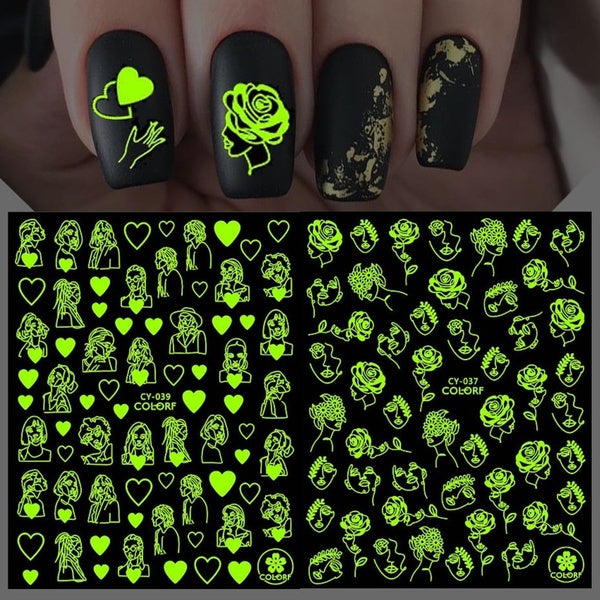 Luminous Abstract Face Nail Art Stickers 3D Rose Heart Moon Sun Leaf Manicure Stickers Glow In The Dark Nail Decor SACY037-043