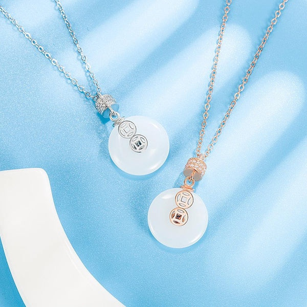 Retro Peace Buckle Imitate White Jade Pendant Necklace Female Chinese Style Crystal Round Pendant Choker Collar Chain Necklace for Women