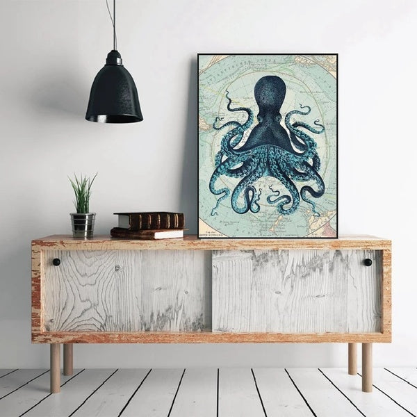 Kraken Octopus Tentacles Vintage Poster Prints Nautical Coastal Wall Art Picture Antarctica Map Canvas Painting Home Wall Decor No Framed