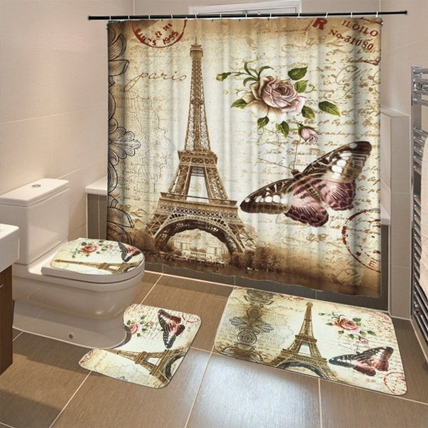 4-3-1PCS Beautiful Eiffel Tower Paris Print Bathroom Decoration Mildew-proof Waterproof Shower Curtain Non Slip Bathroom Pedestal Rug Toilet Lid Cove