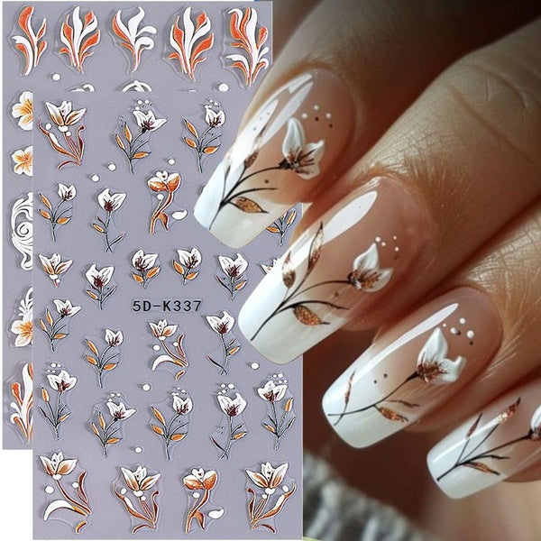 5D Embossed Flower Nail Art Stickers Simple Acrylic Colorful Petal Lily Flowers Lines Adhesive Decal Sliders Manicure Decoration