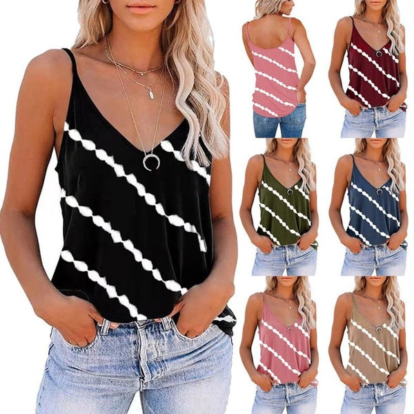 Women's Summer Stripes Print Tank Tops Fashion Casual V Neck Sleeveless T-shirts Ladies Loose Sling Shirts Tops