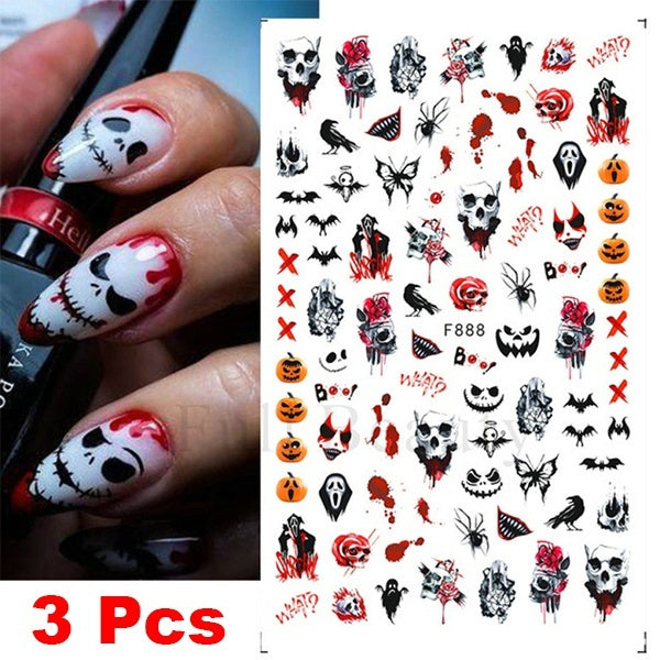 3 Pcs Halloween Nail Stickers Skull Pumpkin Design 3D Autumn Pattern Decals Simple Lines Christmas Santa Tree Elk DIY Decorative Nail Stickers