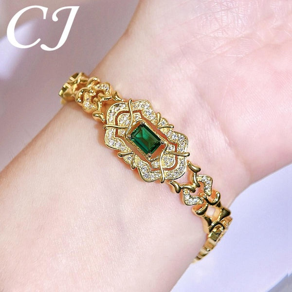 CANDICE Cher Femmes Bracelets Bracelets Pavés Brillant Blanc AAA Zircon Cubique Pierres Vertes Style Inde Placage Or Jaune Bijoux De Main Élégants po