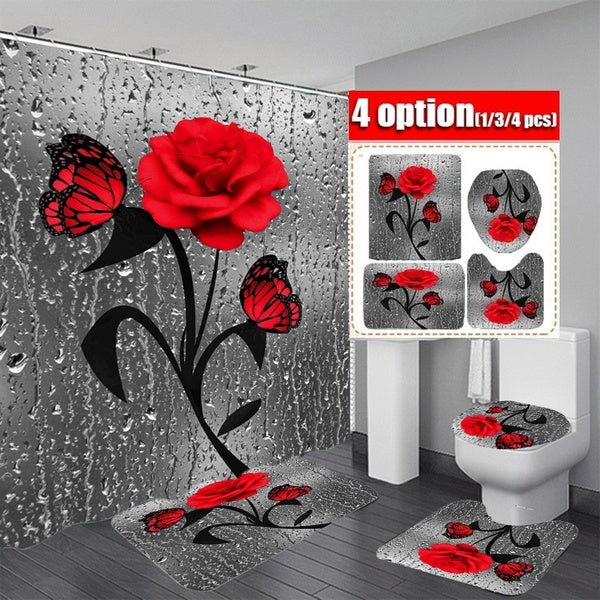 4-3-1PCS 3D Bathroom Set Red Rose Butterfly Waterproof Shower Curtain Non Slip Bathroom Pedestal Rug Toilet Lid Cover Bath Carpet Floor Mat