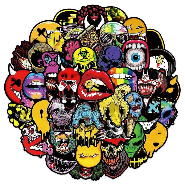 10-52Pcs Funny Horror Face Stickers Ghost Scary Grimace Graffiti Stickers for DIY Luggage Laptop Skateboard Motorcycle Bicycle Stickers