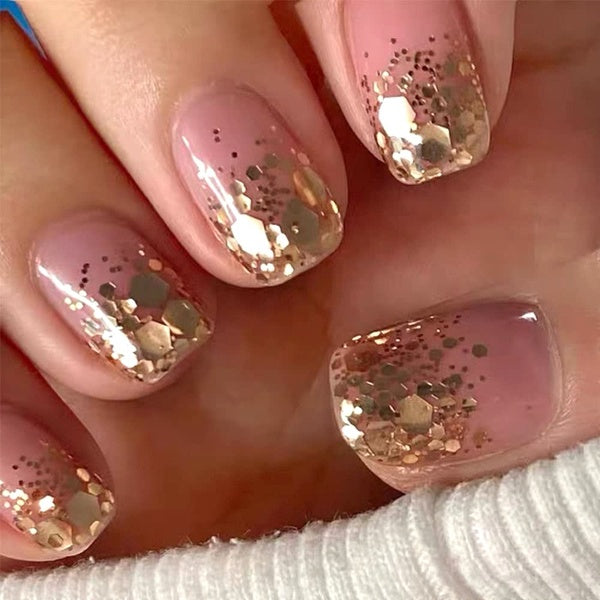24 PCS Rose Nude Press on Nails avec Champagne Glitter Medium Length Acrylique Nail Tips Forme Carrée Français Faux Ongles Artificiels pour Femmes Fi