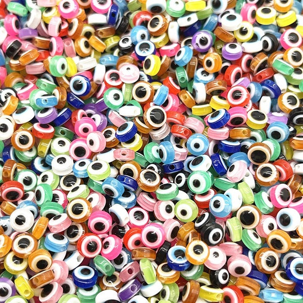 100 pcs-lot 6mm 8mm 10mm Bijoux Résine Entretoise Perles Plates Mixte Mauvais Oeil Motif Perles pour la Fabrication de Bijoux