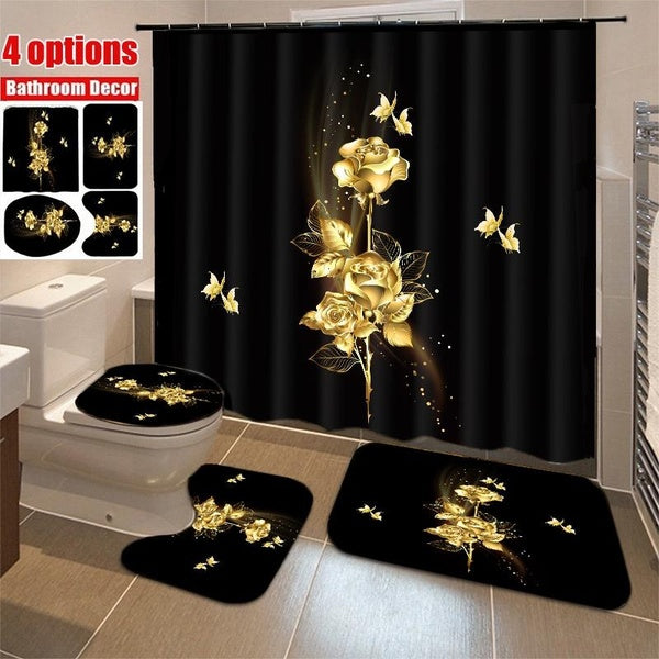 4-3-1 Pcs Gold Rose Shower Curtain Sets with Non-Slip Rug, Toilet Lid Cover and Bath Mat, Rose Shower Curtain with 12 Hooks Waterproof Raindrops Show