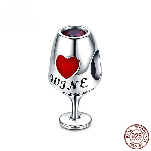 BISAER Trendy New 925 Sterling Silver Wine Cup Heart Pave Charm Beads fit Charm Bracelets & Necklaces Jewelry Making