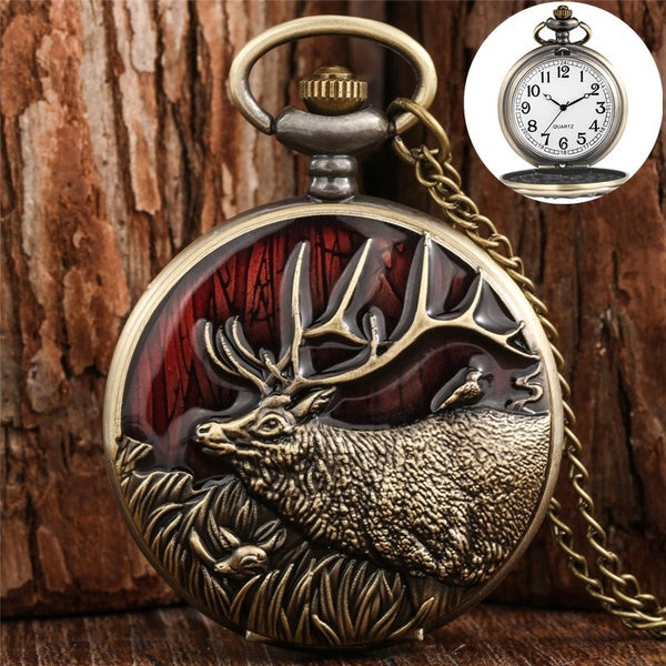 Steampunk gravé éléphant-élan-grue couverture hommes femmes Quartz analogique montre de poche avec chaîne de collier