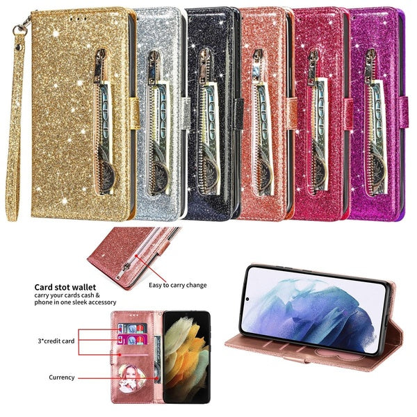 Étui portefeuille pour Google Pixel 7 et Samsung Galaxy S23, porte-cartes en cuir PU à paillettes tendance pour Google Pixel 6 et Google Pixel 6 Pro