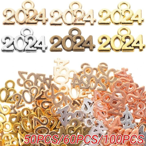 50pcs-60pcs-100pcs 2024 Year Number Charms Graduation Year Charms Pendant for DIY Jewelry Making, Necklace Bracelets, Keychain