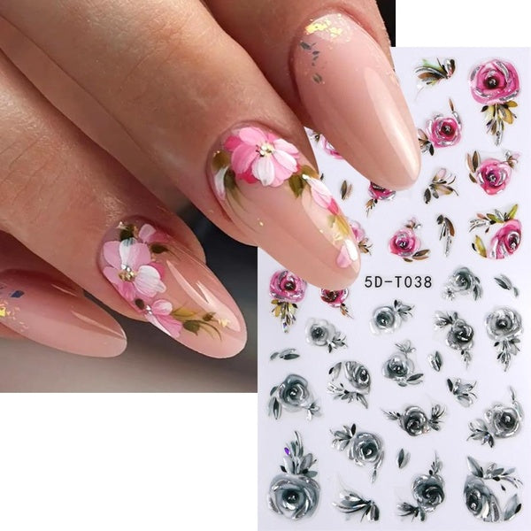 5D Pink Silver Embossed Flowers Stickers Florals Nail Art Decals Design Adhesive Acrylic Sliders Wedding Decorations Manicure