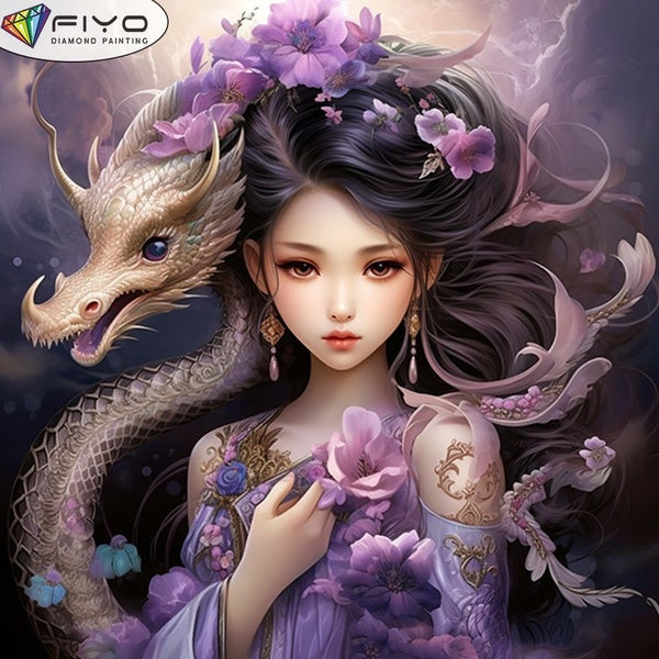 FIYO DIY 5D Little Dragon Lady Diamond Painting Full Drill with Number Kits Home and Kitchen Fashion Mosaic Diamond Painting Canvas Wall Decoration G