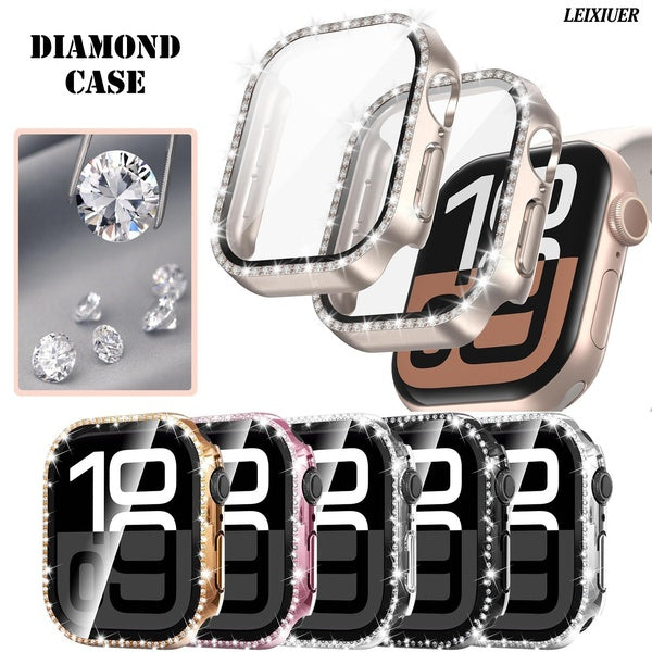 LEIXIUER Bling Case with Tempered Glass for Apple Watch Series 10 42mm 46mm Screen Protector,Women Glitter Diamond Rhinestone Bumper Crystal Cover fo