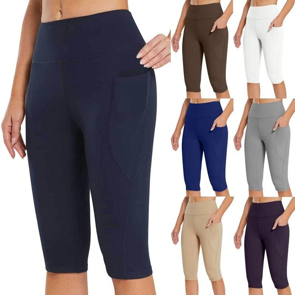 Women's Fashion Casual Elastic Yoga Pants Solid Color Capris Pocket Sport Gym Pants Soft Comfortable Running Pants