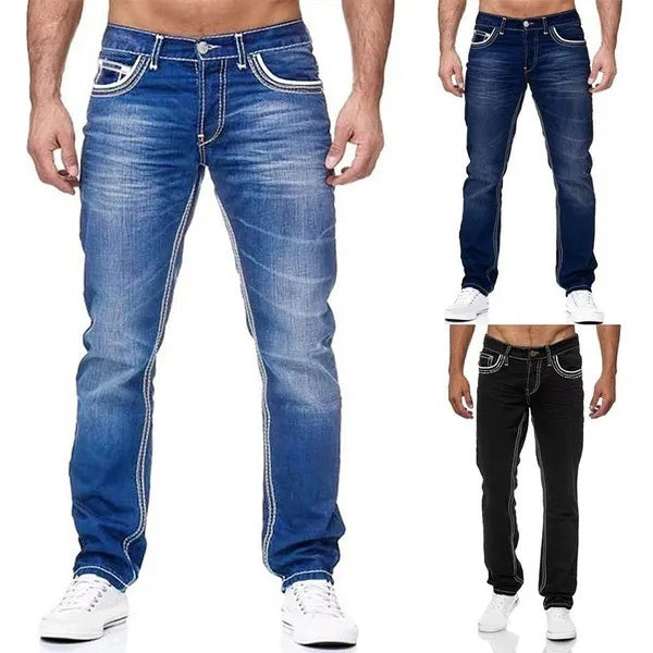 New Men Jeans Solid Pockets Stretch Denim Straight Pants Spring Summer Business Casual Loose Jeans Trousers Daily Streetwear