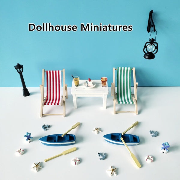 Mini Mediterranean Style Blue Boat & Paddles-Beach Chair-Hollow Table Doll House Accessories Miniature Scene 1:12 Kids Toy
